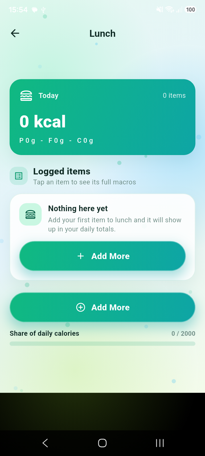 Nourish Dash meal logging screen
